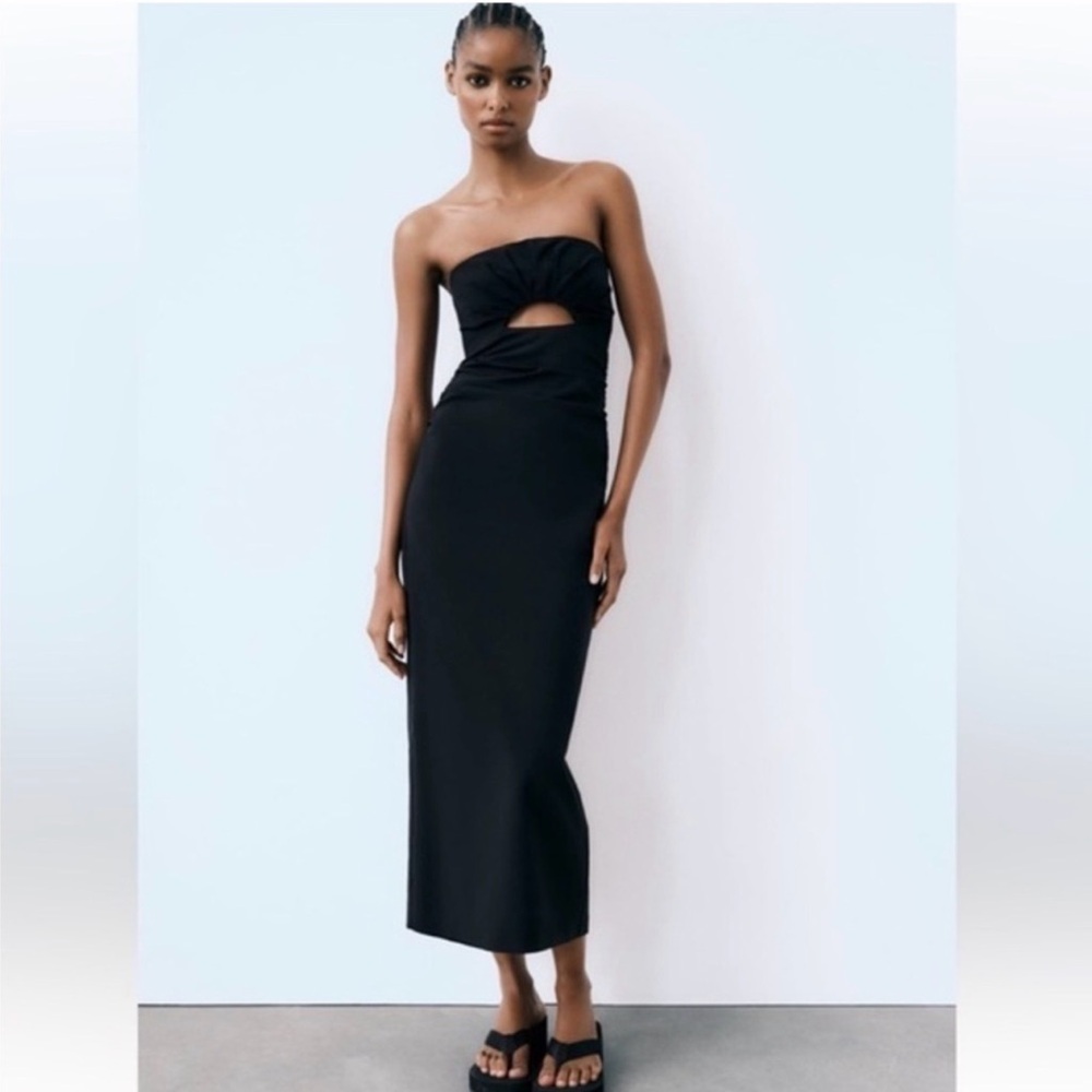 Zara Strapless Black Cutout Midi Gown